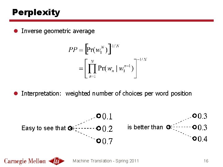 Perplexity l Inverse geometric average l Interpretation: weighted number of choices per word position