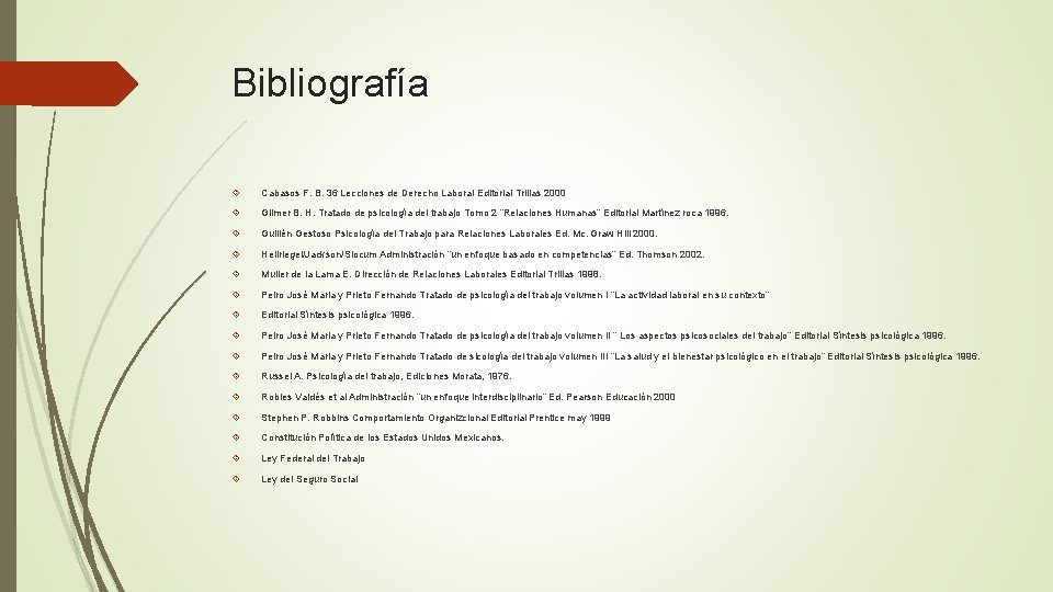Bibliografía Cabasos F. B. 36 Lecciones de Derecho Laboral Editorial Trillas 2000 Gilmer B.