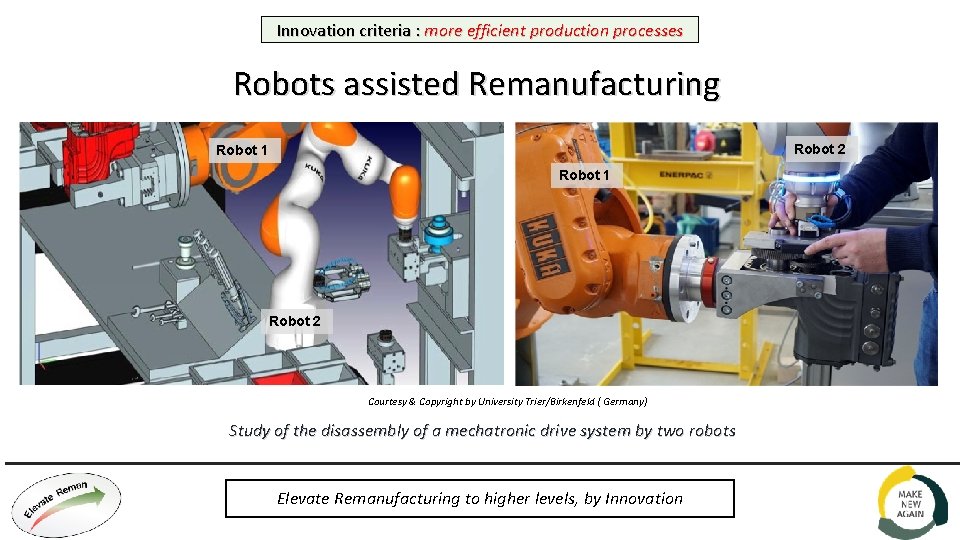 Innovation criteria : more efficient production processes Robots assisted Remanufacturing Robot 2 Robot 1