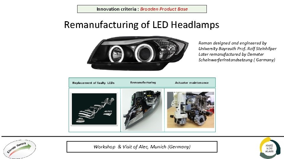 Innovation criteria : Broaden Product Base Remanufacturing of LED Headlamps Reman designed and engineered