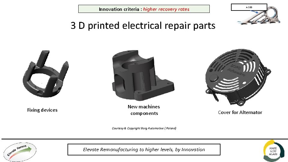 Innovation criteria : higher recovery rates A 320 3 D printed electrical repair parts