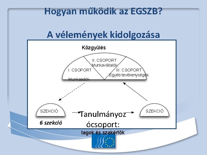 Hogyan működik az EGSZB? A vélemények kidolgozása Közgyűlés II. CSOPORT Munkavállalók I. CSOPORT III.