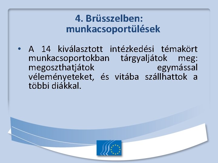 4. Brüsszelben: munkacsoportülések • A 14 kiválasztott intézkedési témakört munkacsoportokban tárgyaljátok meg: megoszthatjátok egymással