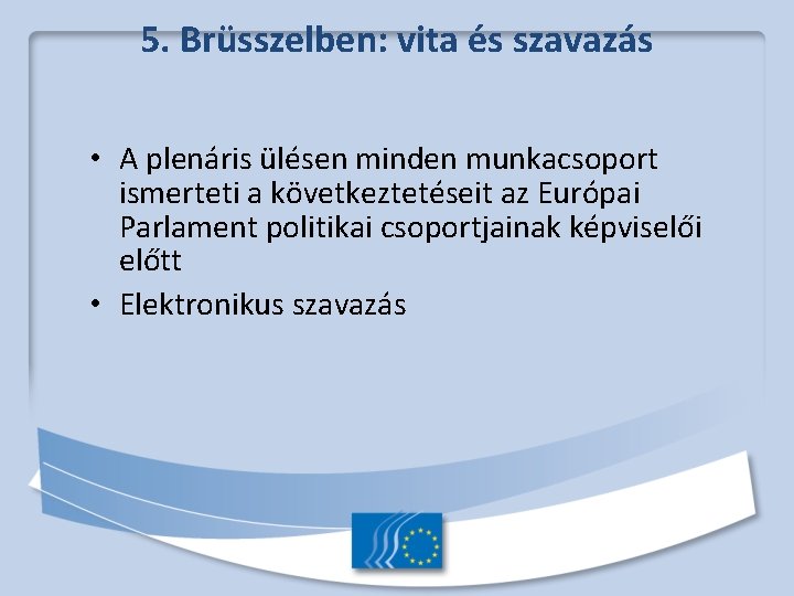 5. Brüsszelben: vita és szavazás • A plenáris ülésen minden munkacsoport ismerteti a következtetéseit