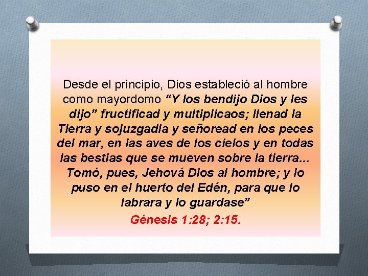 Desde el principio, Dios estableció al hombre como mayordomo “Y los bendijo Dios y