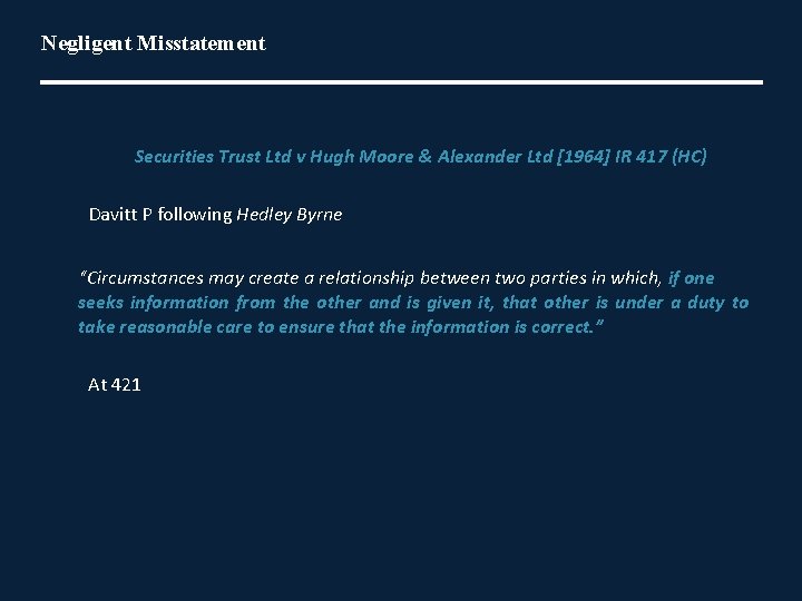 Negligent Misstatement Securities Trust Ltd v Hugh Moore & Alexander Ltd [1964] IR 417