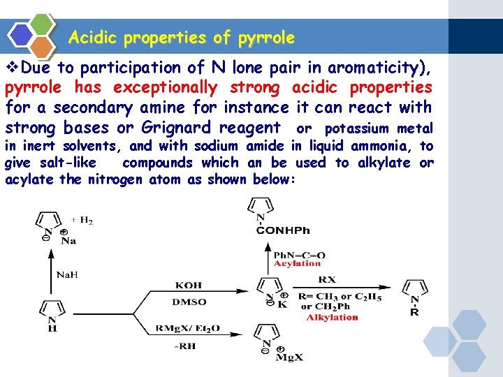 Acidic properties of pyrrole v. Due to participation of N lone pair in aromaticity),