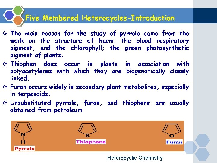 Five Membered Heterocycles-Introduction v The main reason for the study of pyrrole came from