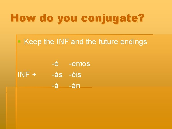 How do you conjugate? § Keep the INF and the future endings INF +