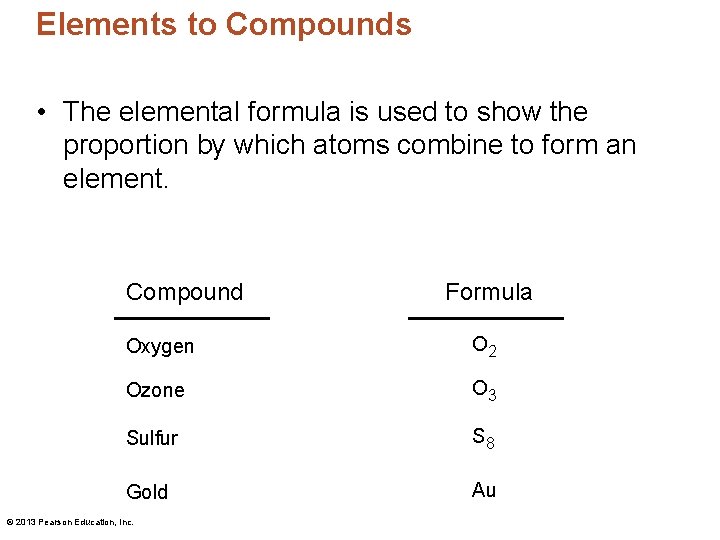 Elements to Compounds • The elemental formula is used to show the proportion by