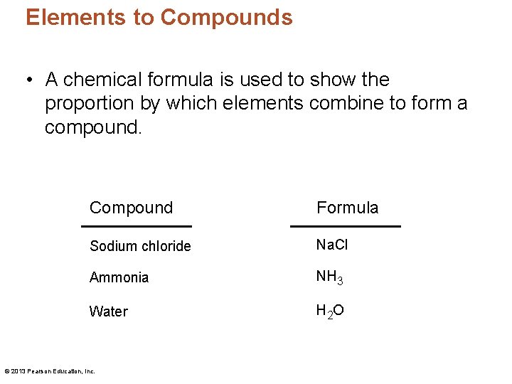 Elements to Compounds • A chemical formula is used to show the proportion by