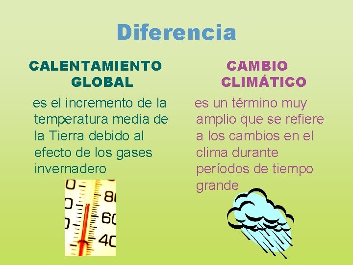 Diferencia CALENTAMIENTO GLOBAL es el incremento de la temperatura media de la Tierra debido