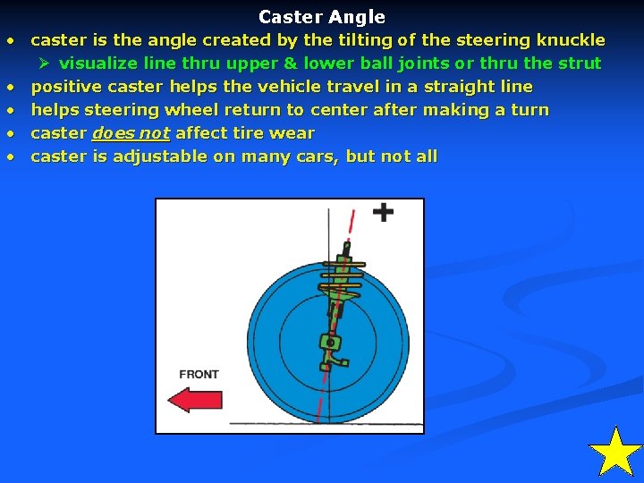 Caster Angle • caster is the angle created by the tilting of the steering