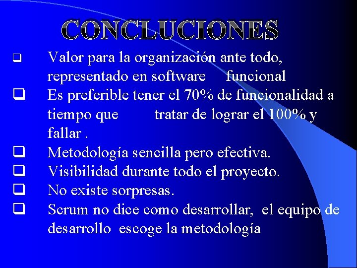 CONCLUCIONES q q q Valor para la organización ante todo, representado en software funcional