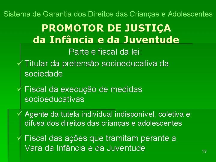 Sistema de Garantia dos Direitos das Crianças e Adolescentes PROMOTOR DE JUSTIÇA da Infância