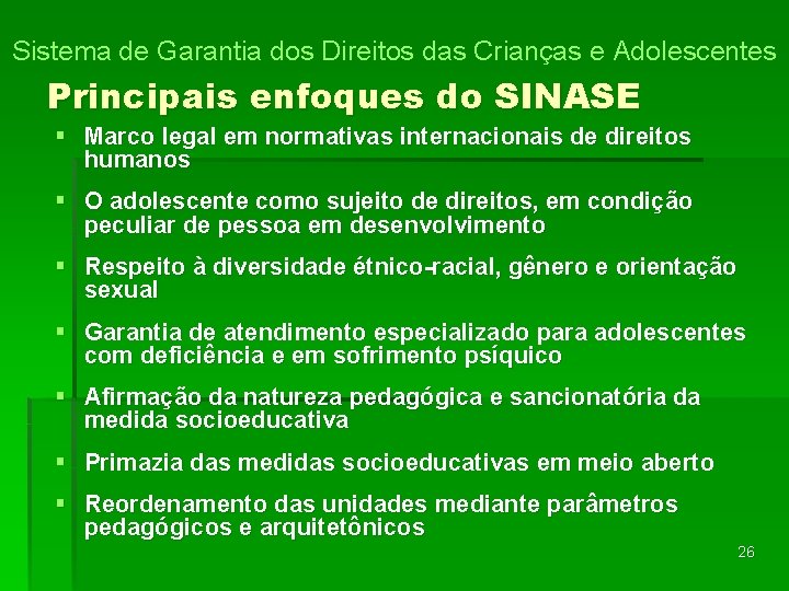 Sistema de Garantia dos Direitos das Crianças e Adolescentes Principais enfoques do SINASE §