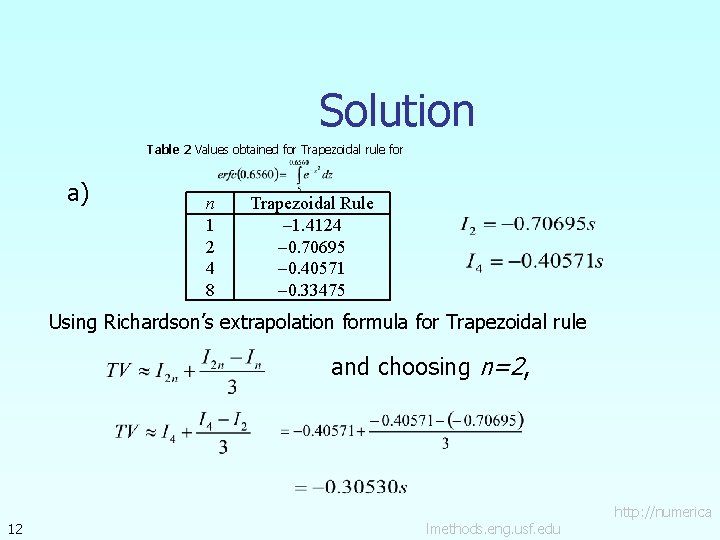 Solution Table 2 Values obtained for Trapezoidal rule for a) n 1 2 4