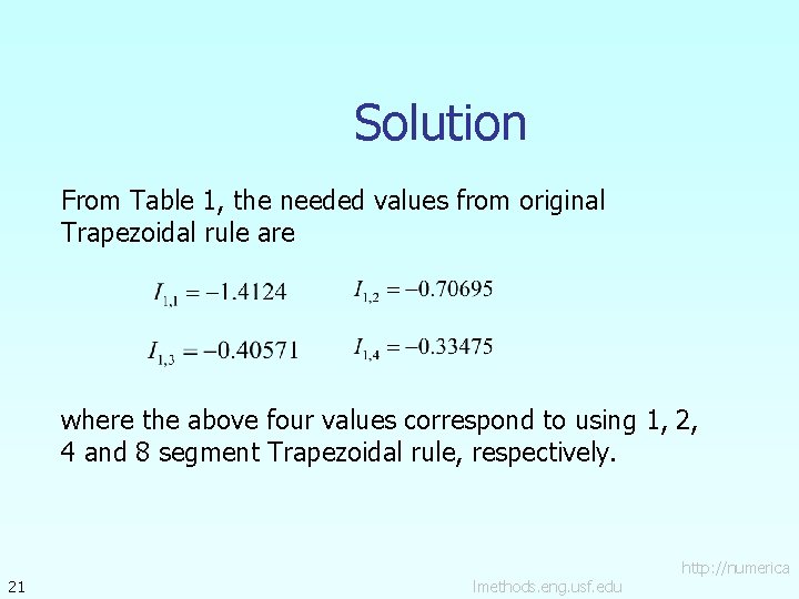 Solution From Table 1, the needed values from original Trapezoidal rule are where the