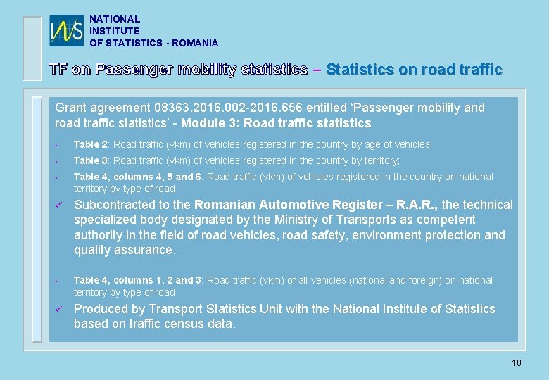 NATIONAL INSTITUTE OF STATISTICS - ROMANIA TF on Passenger mobility statistics – Statistics on