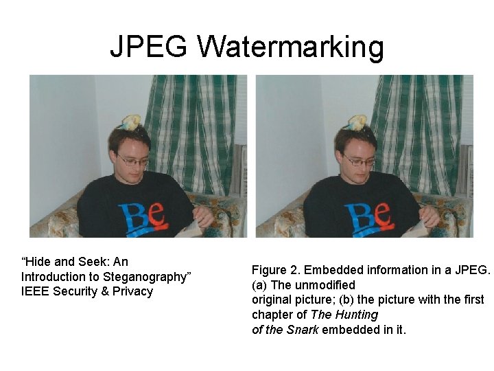 JPEG Watermarking “Hide and Seek: An Introduction to Steganography” IEEE Security & Privacy Figure