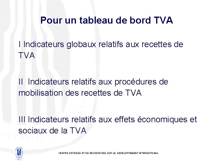 Pour un tableau de bord TVA I Indicateurs globaux relatifs aux recettes de TVA