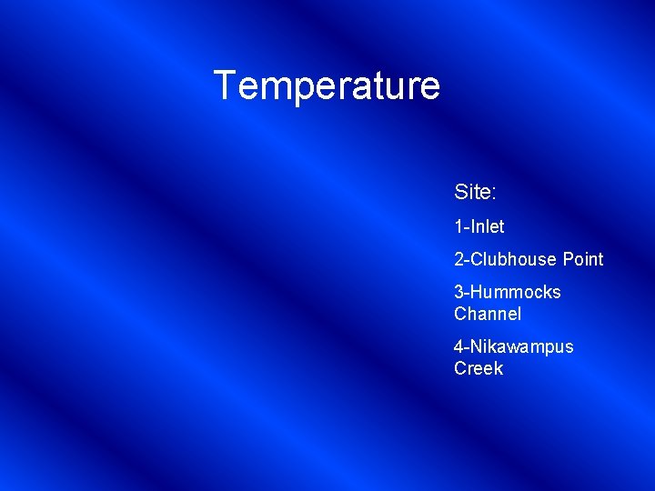 Temperature Site: 1 -Inlet 2 -Clubhouse Point 3 -Hummocks Channel 4 -Nikawampus Creek 