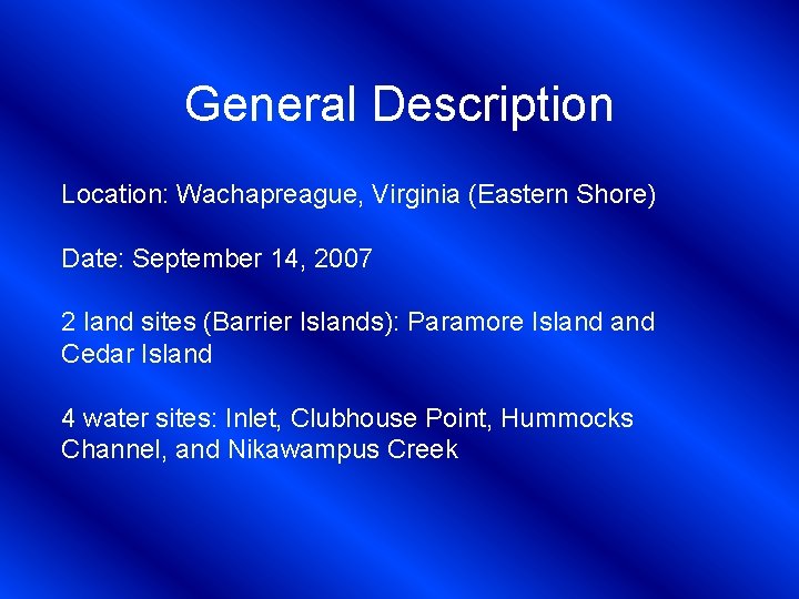 General Description Location: Wachapreague, Virginia (Eastern Shore) Date: September 14, 2007 2 land sites