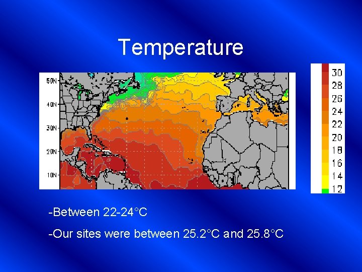 Temperature -Between 22 -24°C -Our sites were between 25. 2°C and 25. 8°C 