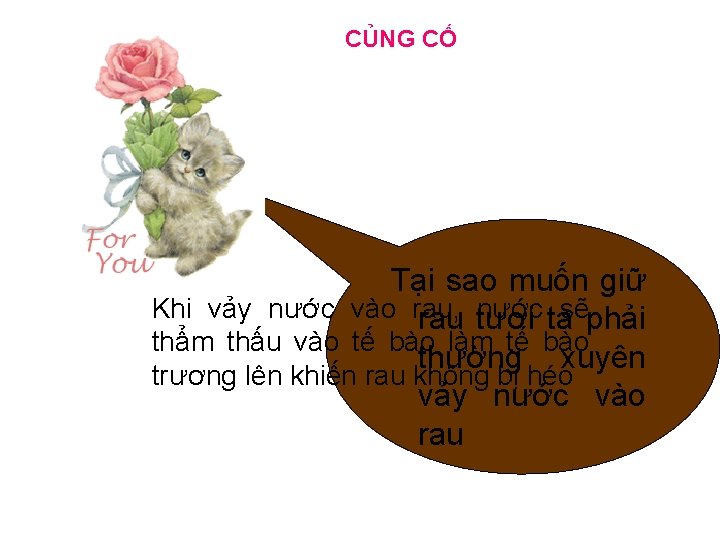 CỦNG CỐ Tại sao muốn giữ Khi vảy nước vào rau, nước tasẽphải rau