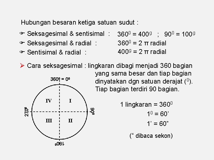 Hubungan besaran ketiga satuan sudut : Seksagesimal & sentisimal : Seksagesimal & radial :