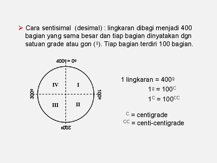  Cara sentisimal (desimal) : lingkaran dibagi menjadi 400 bagian yang sama besar dan