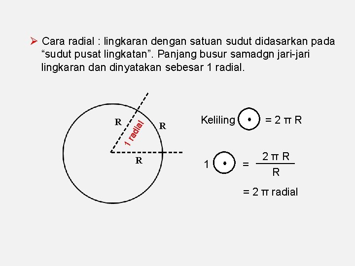  Cara radial : lingkaran dengan satuan sudut didasarkan pada “sudut pusat lingkatan”. Panjang