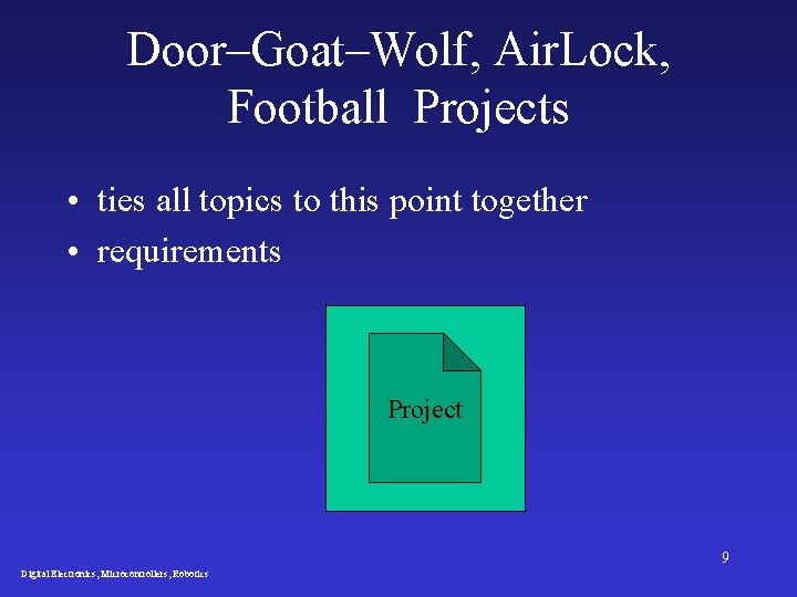 Door–Goat–Wolf, Air. Lock, Football Projects • ties all topics to this point together •