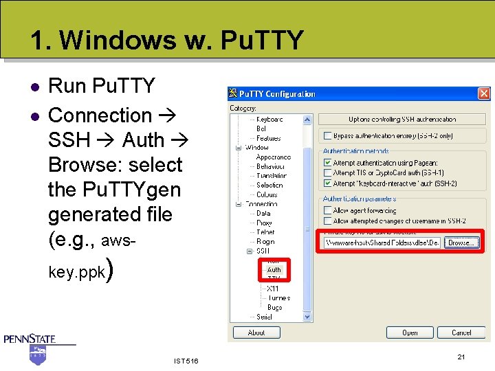 1. Windows w. Pu. TTY l l Run Pu. TTY Connection SSH Auth Browse:
