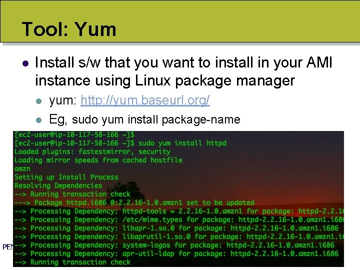 Tool: Yum l Install s/w that you want to install in your AMI instance