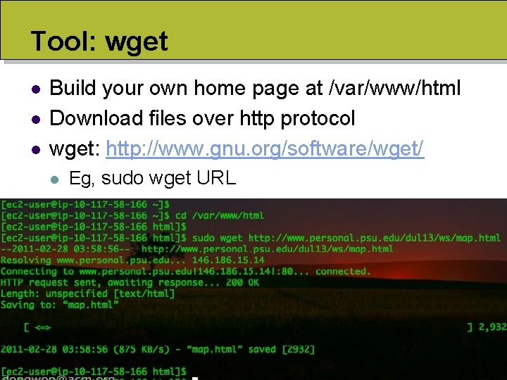 Tool: wget l l l Build your own home page at /var/www/html Download files