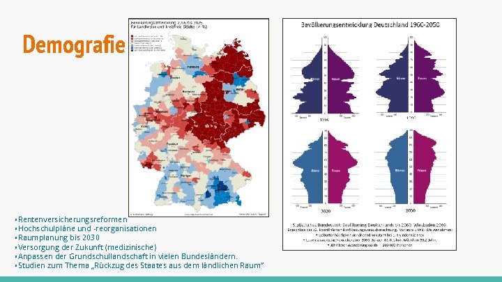 Demografie • Rentenversicherungsreformen • Hochschulpläne und -reorganisationen • Raumplanung bis 2030 • Versorgung der