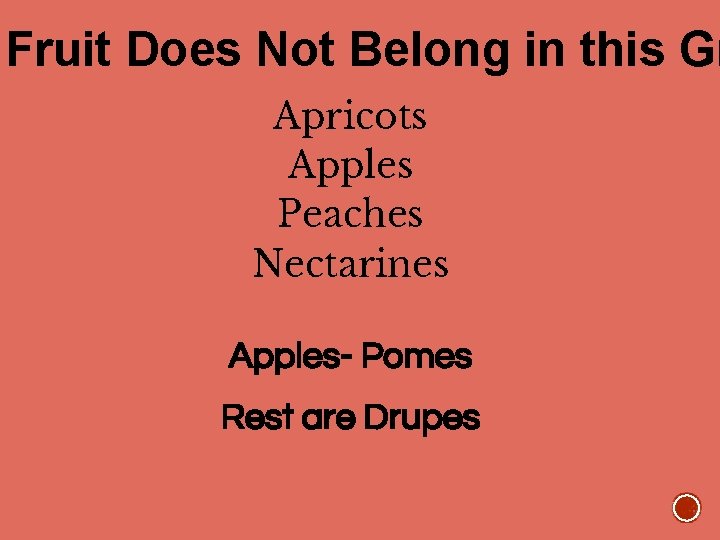 Fruit Does Not Belong in this Gr Apricots Apples Peaches Nectarines Apples- Pomes Rest