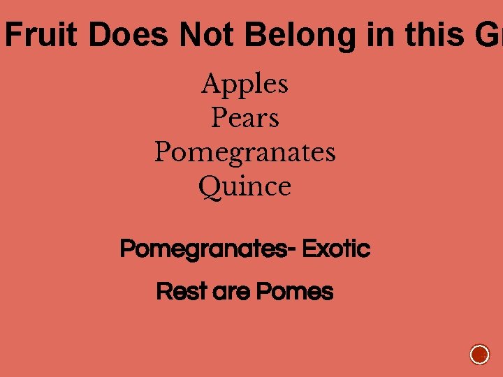 Fruit Does Not Belong in this Gr Apples Pears Pomegranates Quince Pomegranates- Exotic Rest