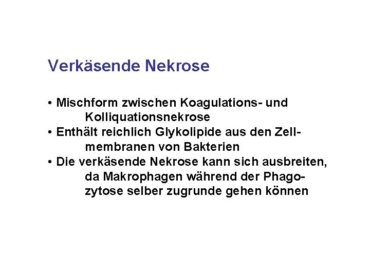 Verkäsende Nekrose • Mischform zwischen Koagulations- und Kolliquationsnekrose • Enthält reichlich Glykolipide aus den