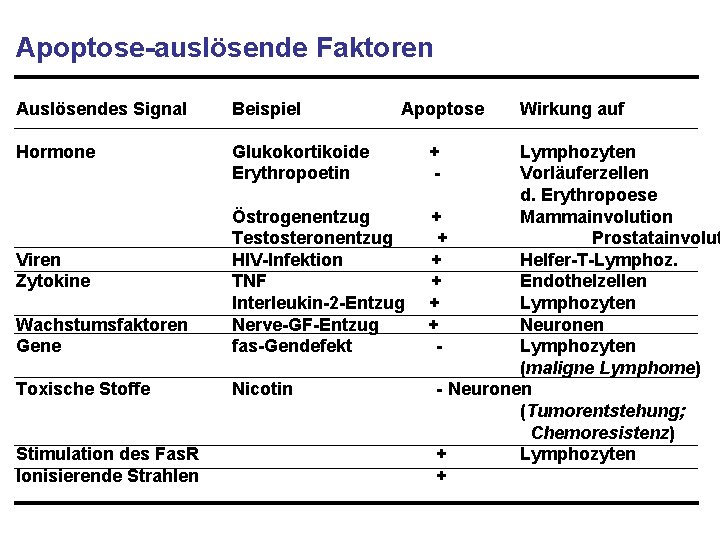 Apoptose-auslösende Faktoren Auslösendes Signal Beispiel Hormone Glukokortikoide Erythropoetin Apoptose Wachstumsfaktoren Gene Östrogenentzug Testosteronentzug HIV-Infektion