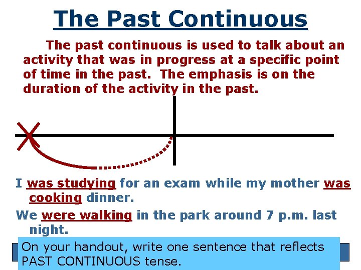 The Past Continuous The past continuous is used to talk about an activity that
