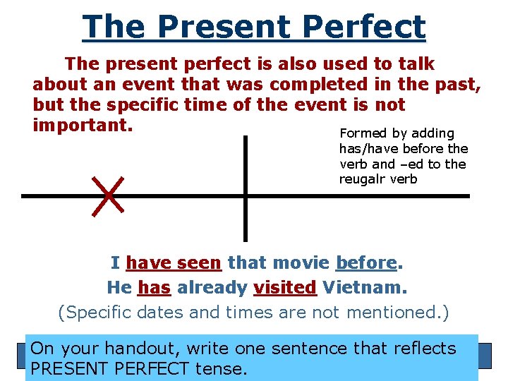 The Present Perfect The present perfect is also used to talk about an event