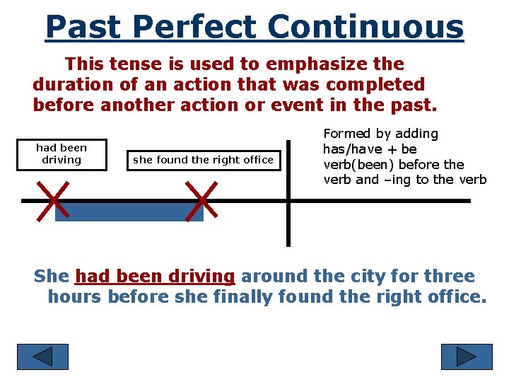 Past Perfect Continuous This tense is used to emphasize the duration of an action