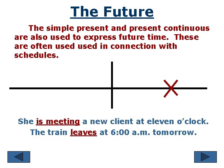 The Future The simple present and present continuous are also used to express future