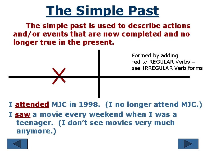 The Simple Past The simple past is used to describe actions and/or events that