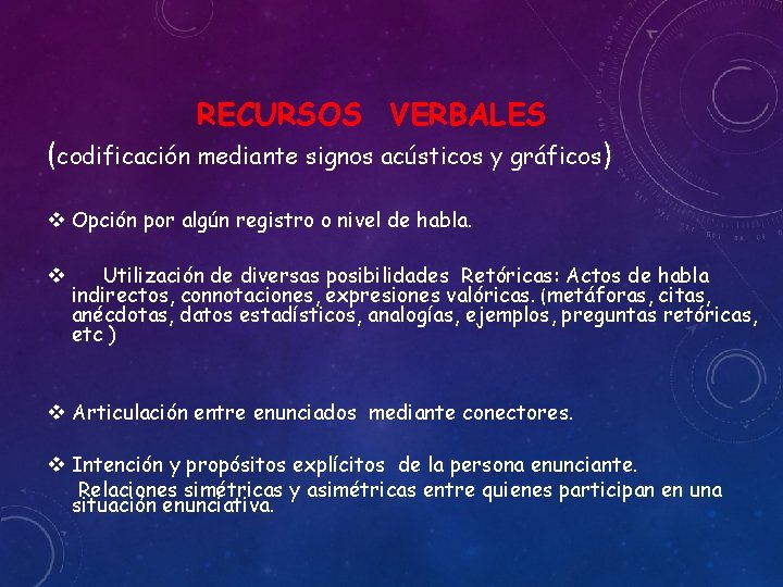 RECURSOS VERBALES (codificación mediante signos acústicos y gráficos) v Opción por algún registro o