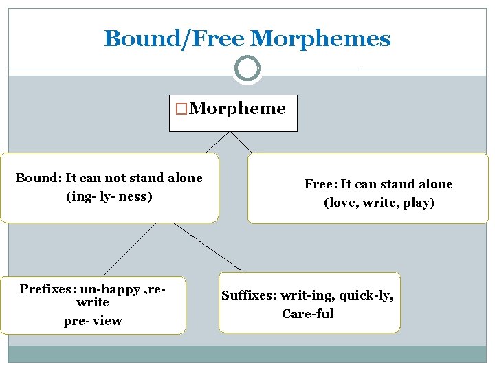 Bound/Free Morphemes �Morpheme Bound: It can not stand alone (ing- ly- ness) Prefixes: un-happy