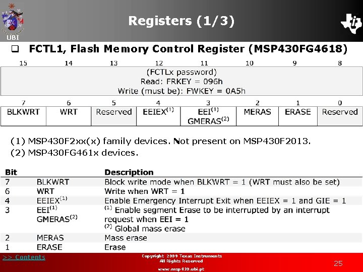 Registers (1/3) UBI q FCTL 1, Flash Memory Control Register (MSP 430 FG 4618)