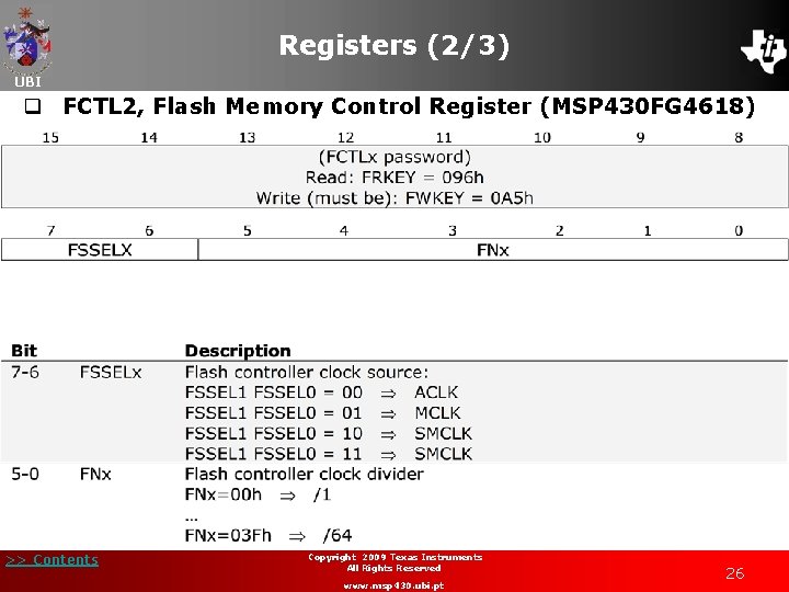 Registers (2/3) UBI q FCTL 2, Flash Memory Control Register (MSP 430 FG 4618)